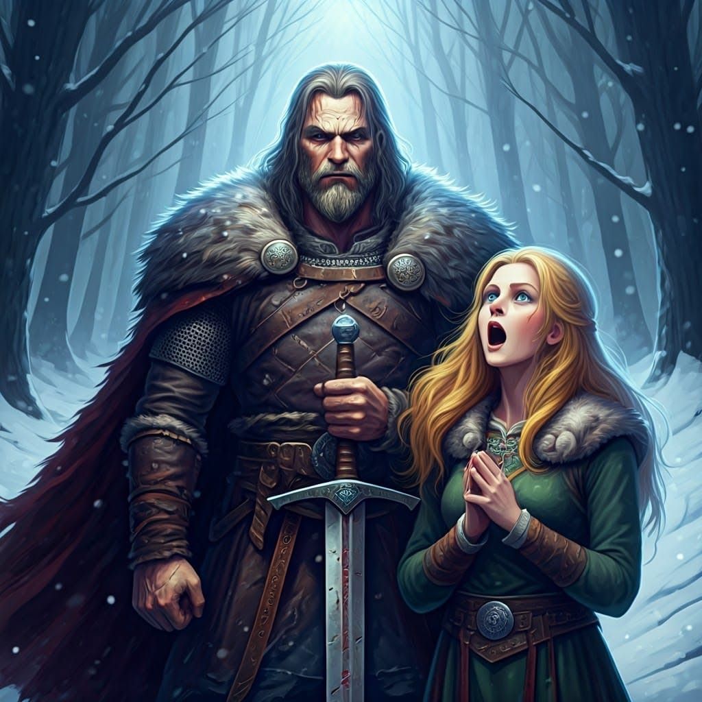 Heroic Berserker and Shieldmaiden in a Mystical Snowy Forest