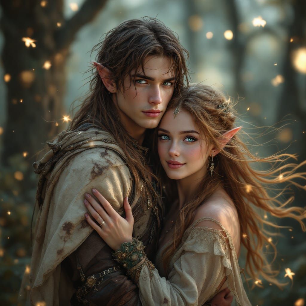 Elf Prince and Goddess in Romantic Embrace, Oil Realism