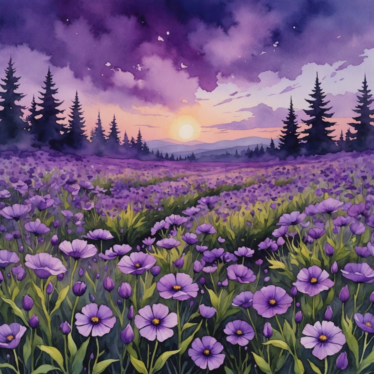 Purple Flowers Dancing Under Purple Sky in Watercolor