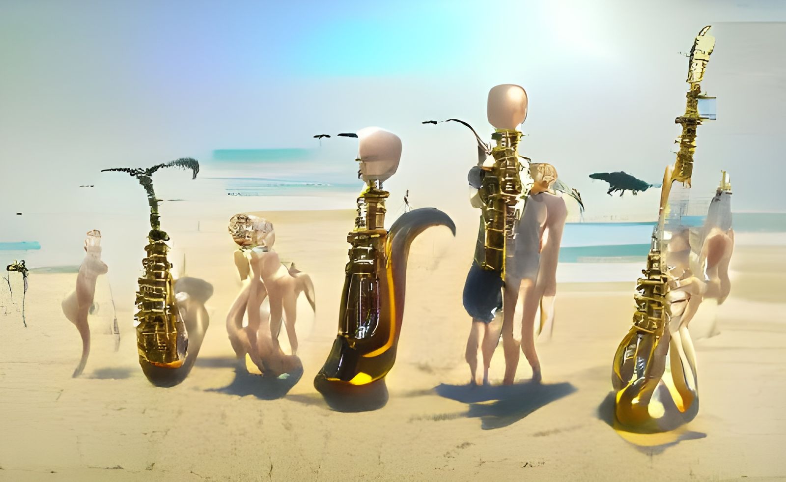 Saxophone Family Relaxing on a Beach: Surreal 3D Art