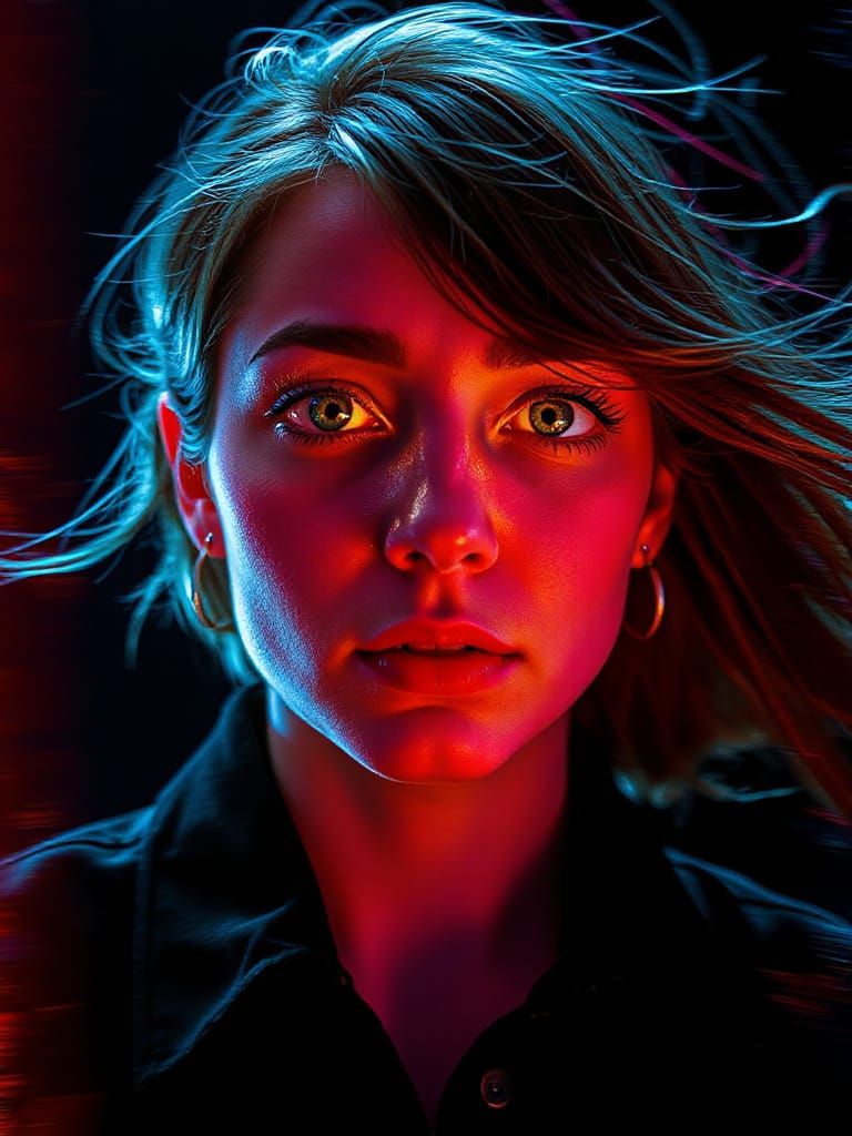 Neon-Eyed Woman in Glitch Art Style