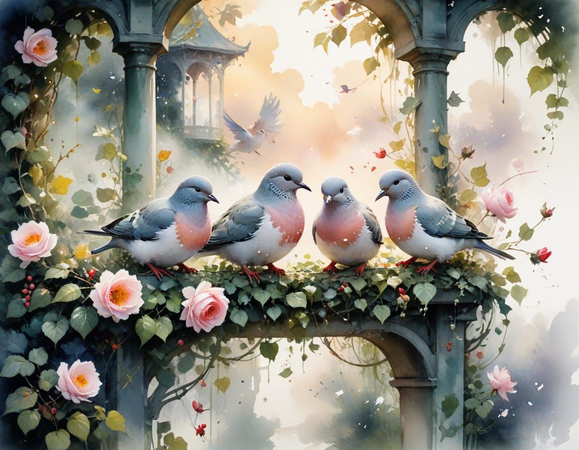 Dove Chicks' Rose-Petal Tea Party: Watercolor Art
