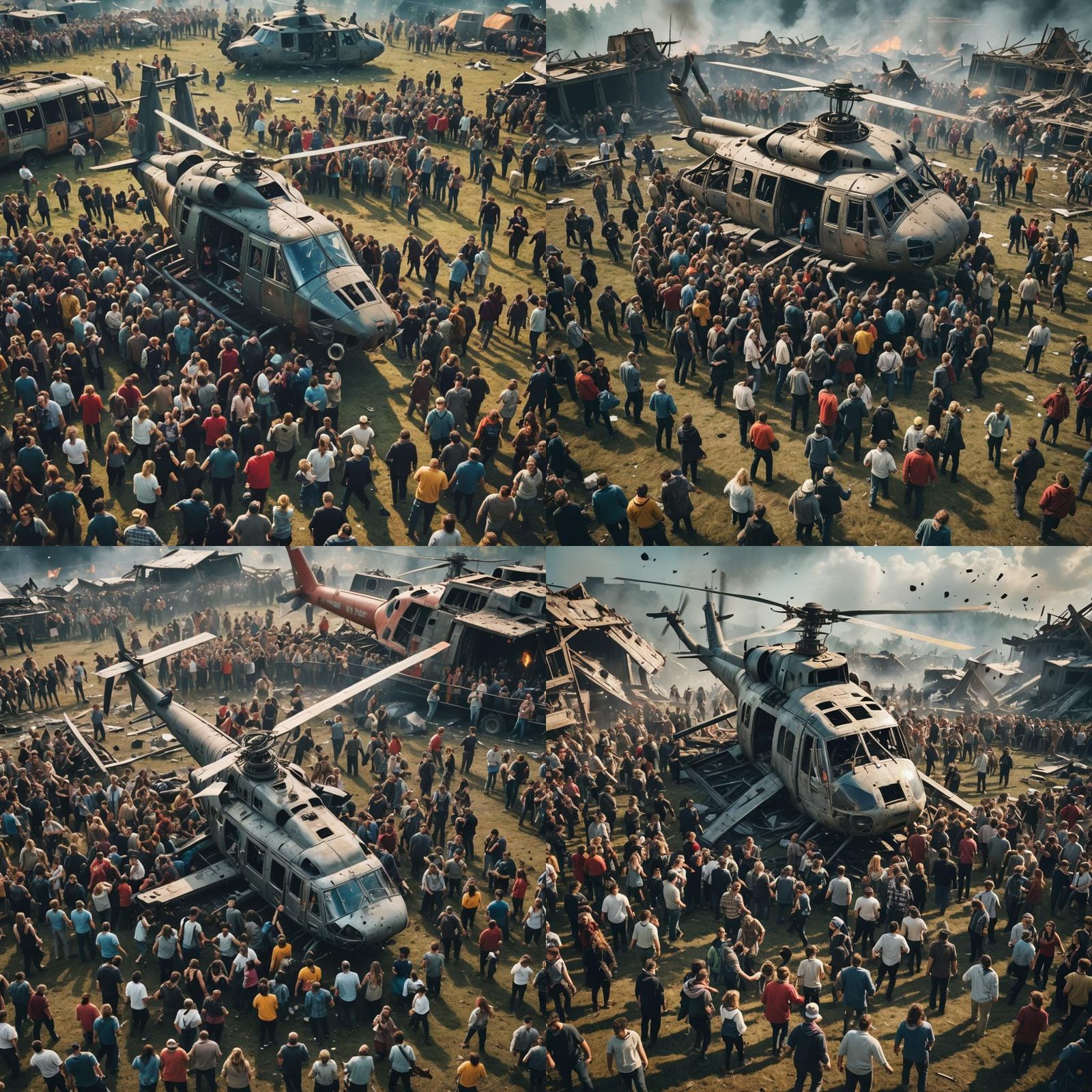 A large crowd of festival goers dancing around the wreckage of a helicopter