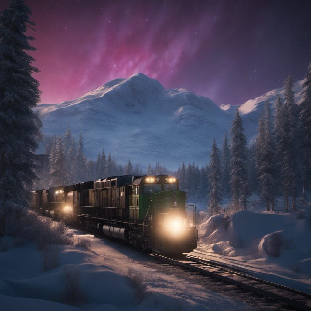 Alaskan Night Train Under Northern Lights