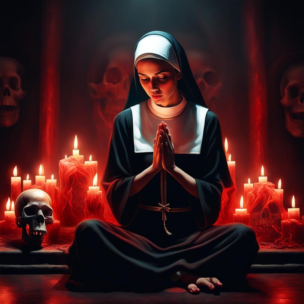 Hyperrealistic Nun Praying at Skull Altar