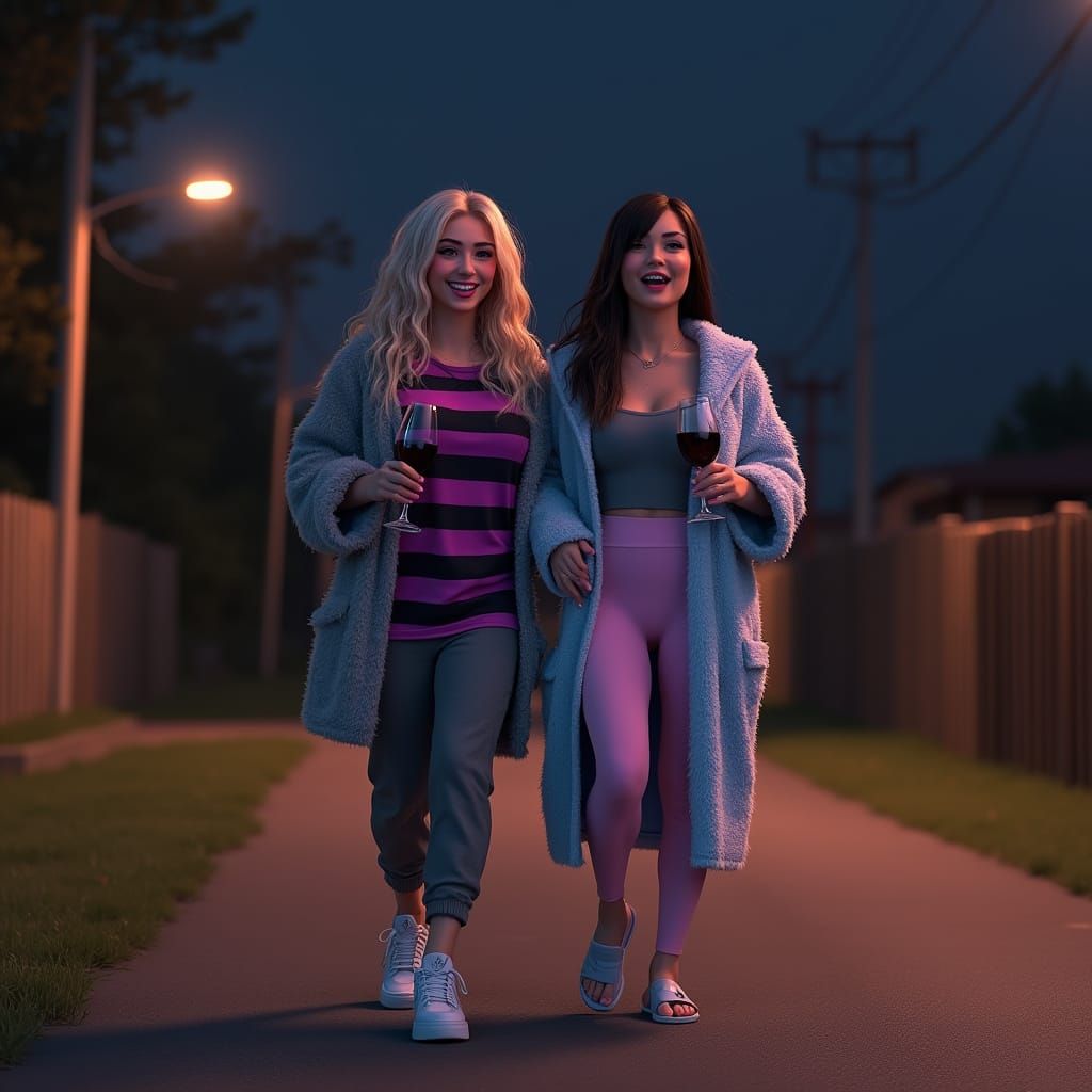 Friends Stroll Under Streetlights in a Lively Country Night