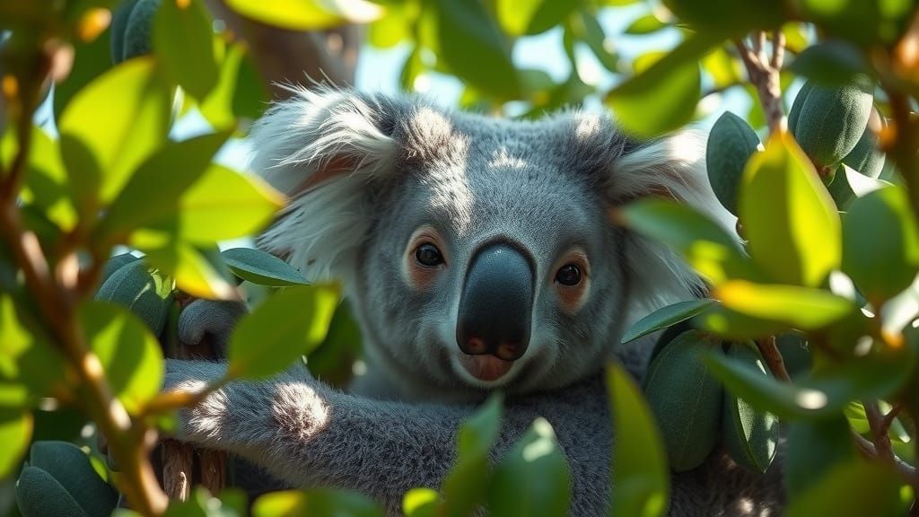 Hyperrealistic Koala Portrait in Eucalyptus Canopy