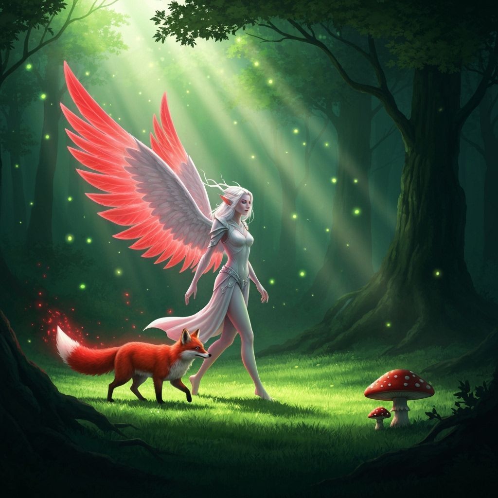Ethereal Elf Girl in Magical Forest with Glowing Fox
