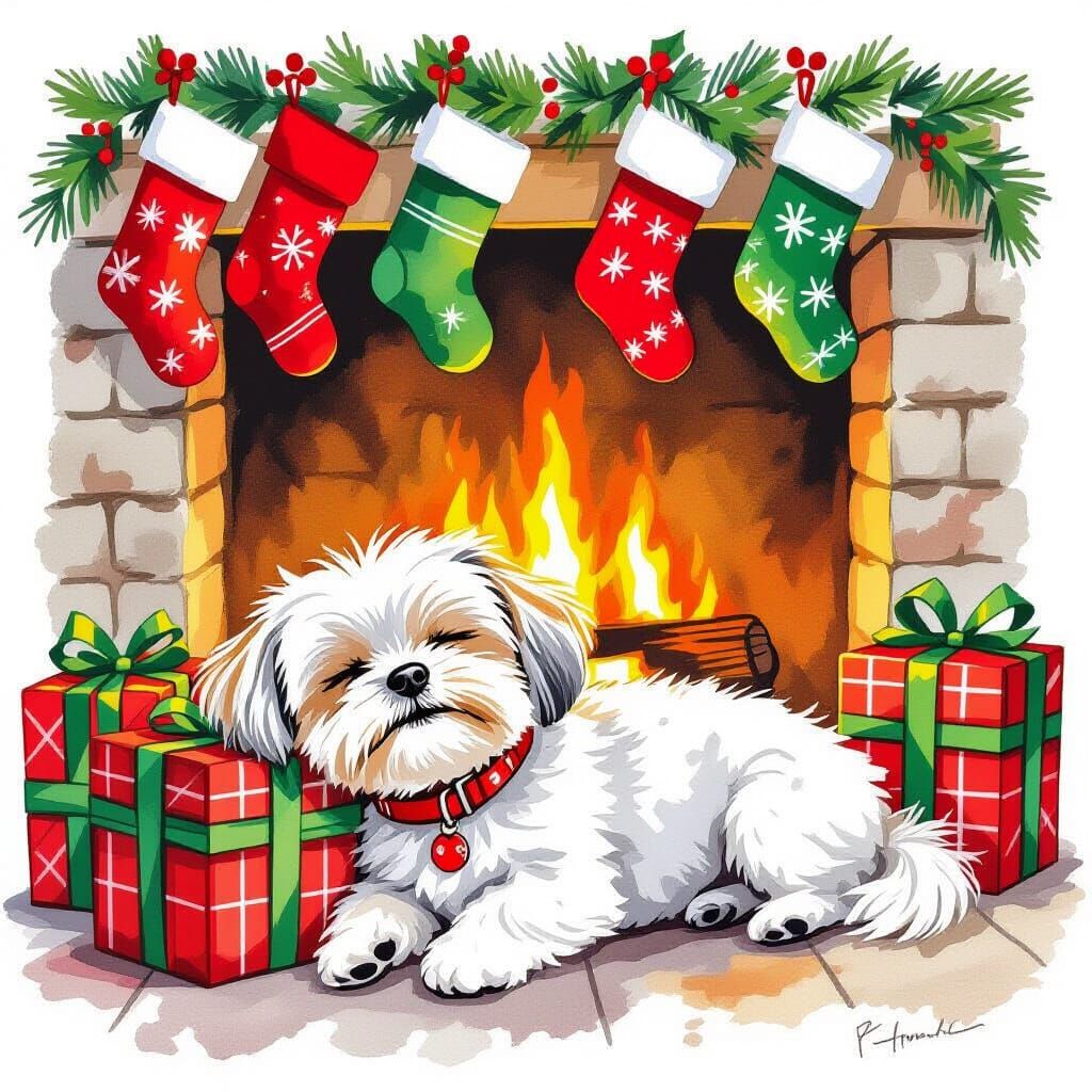 Maltese Puppy's Christmas Dream: A Watercolor Painting