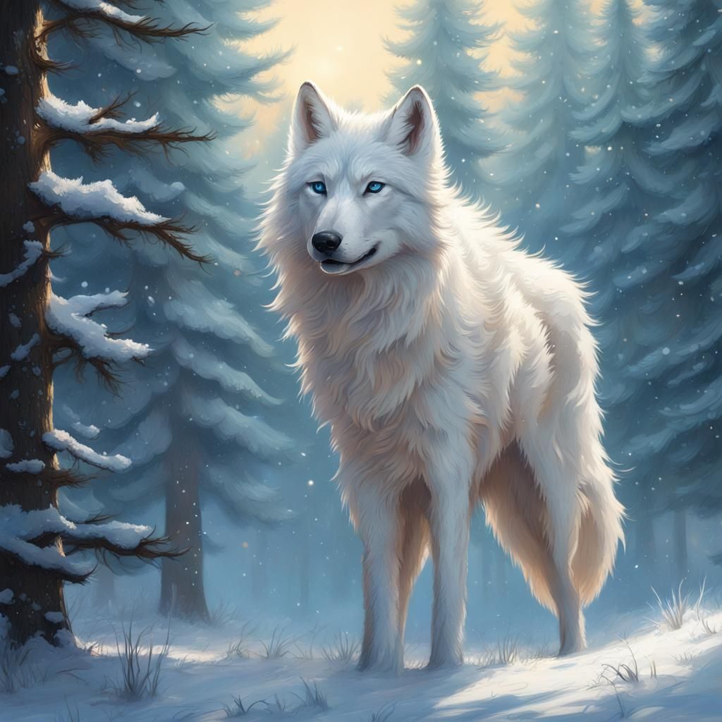 White Wolf in Snowy Forest, Dark Fantasy Art