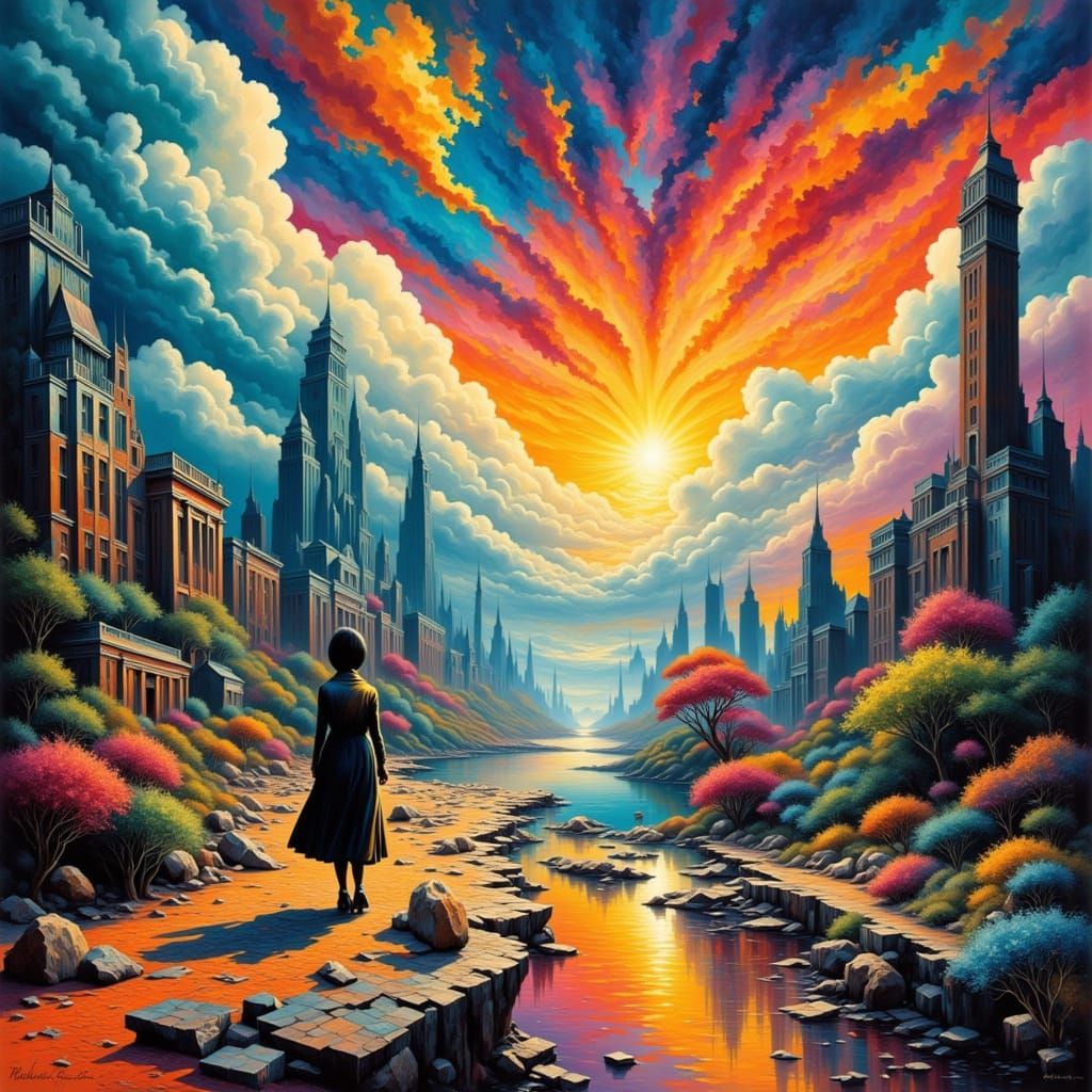 Surreal Dreamscape: Brutalist Cityscape in Abstract Style