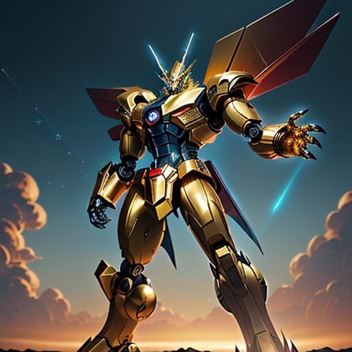 Cyberpunk Golden Dragon Robot in Heroic Pose