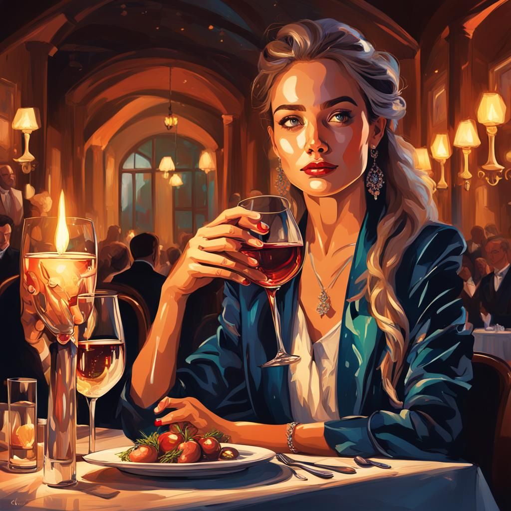 Woman at Dinner in Restaurant: Digital Drawing