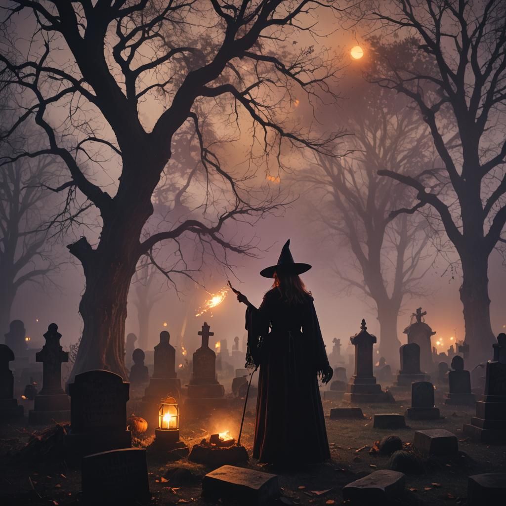 Witch Casting Spell in Graveyard on Halloween Night