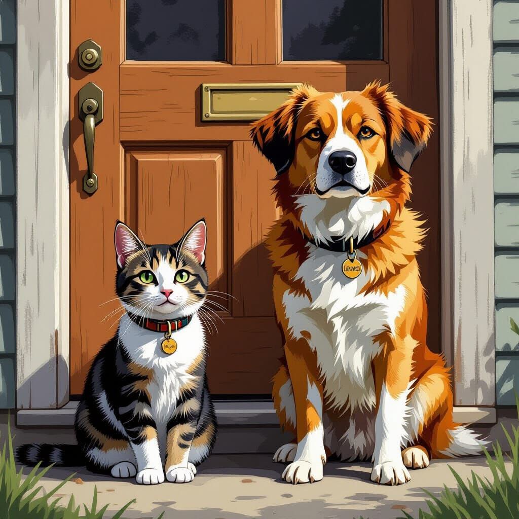 Cat and Dog Waiting, Digital Painting Illustration