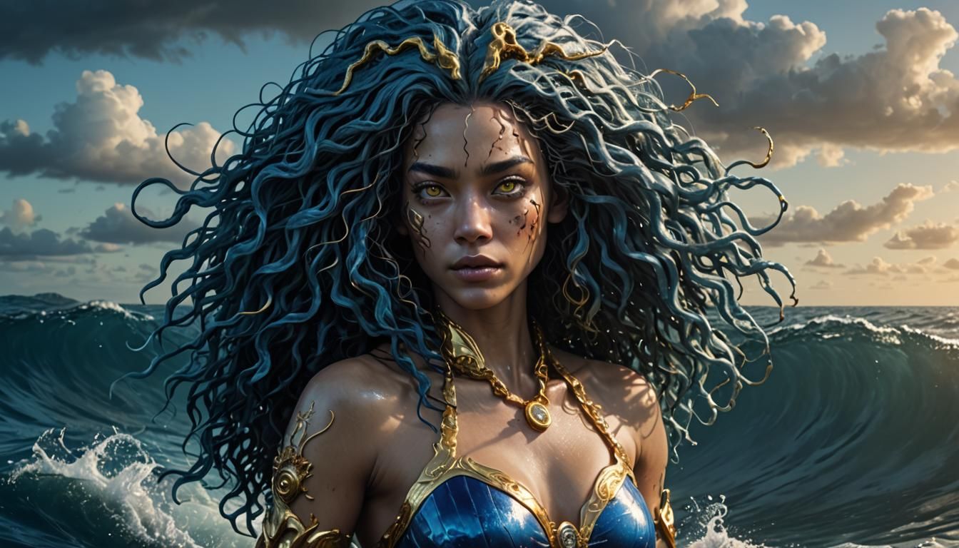 Mermaid creature from the Mariana Trench, long, wavey, curly...