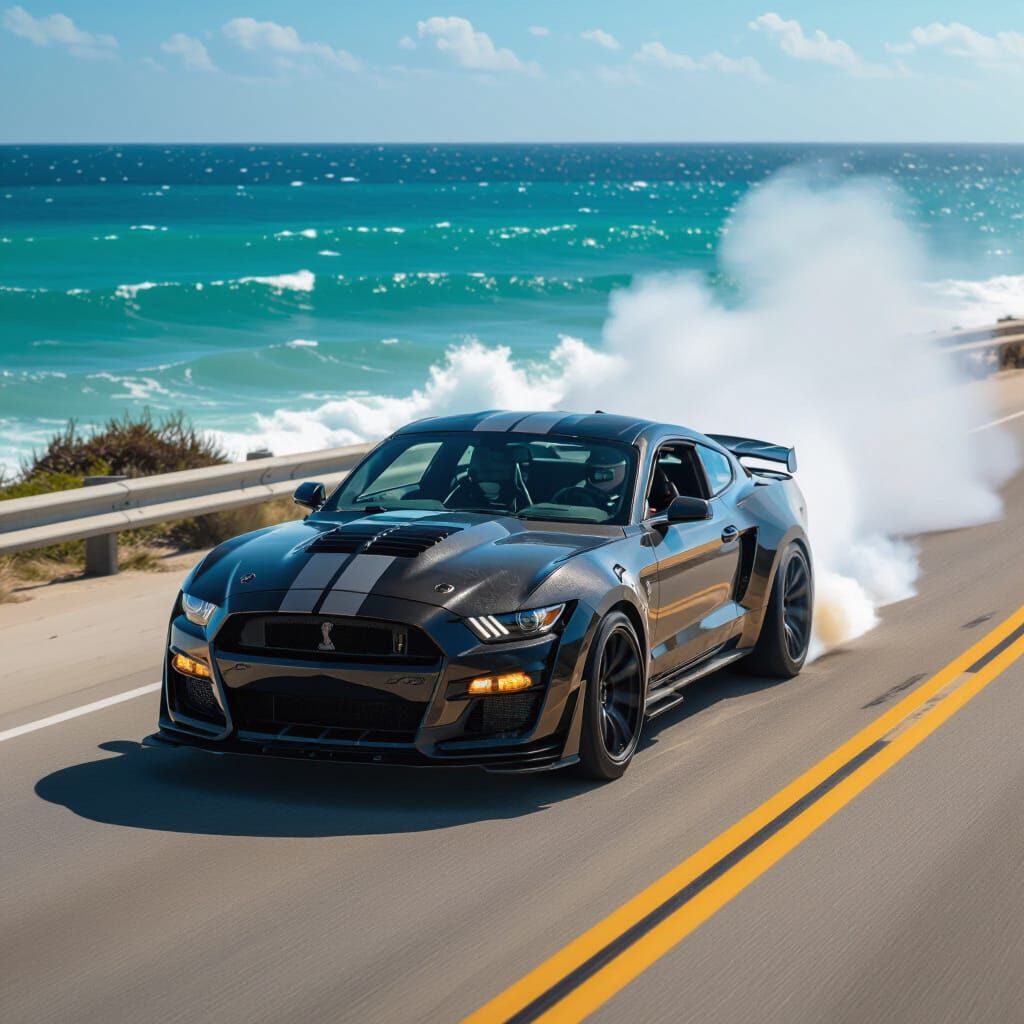 Blacked-Out Shelby Cobra GT500 Drifting on Coastal Highway