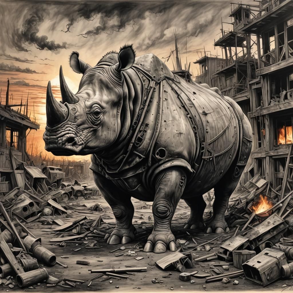 Post-Apocalyptic Junk Rhino in Charcoal