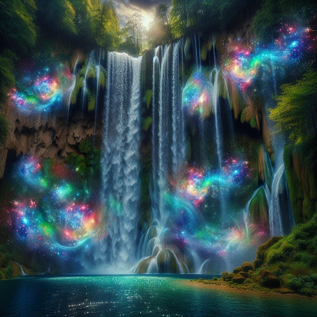 Ethereal Waterfall Displaying Mirrored Rainbow of Light