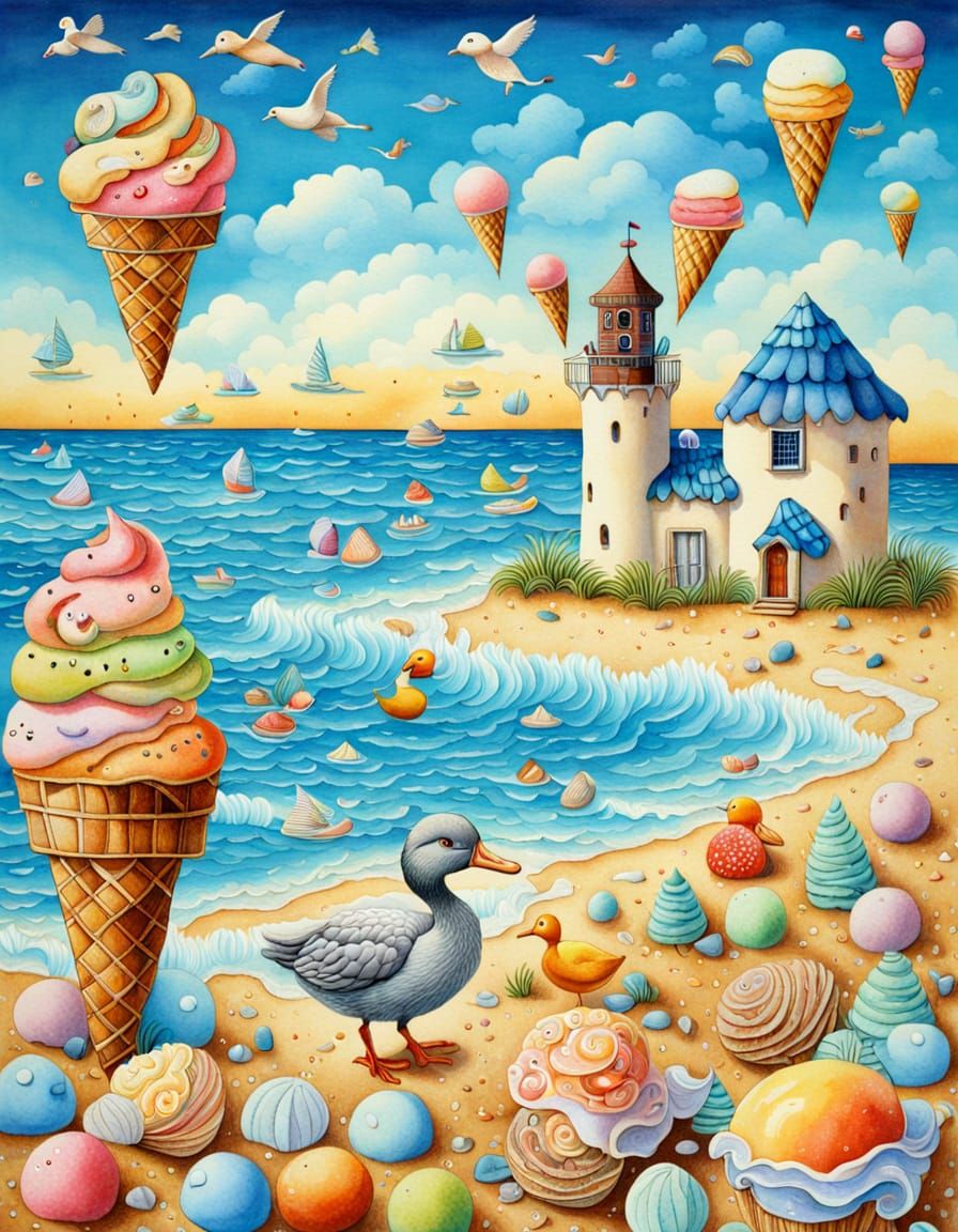 Ice Cream Beach Holiday with Duck: Surrealist Aquarelle