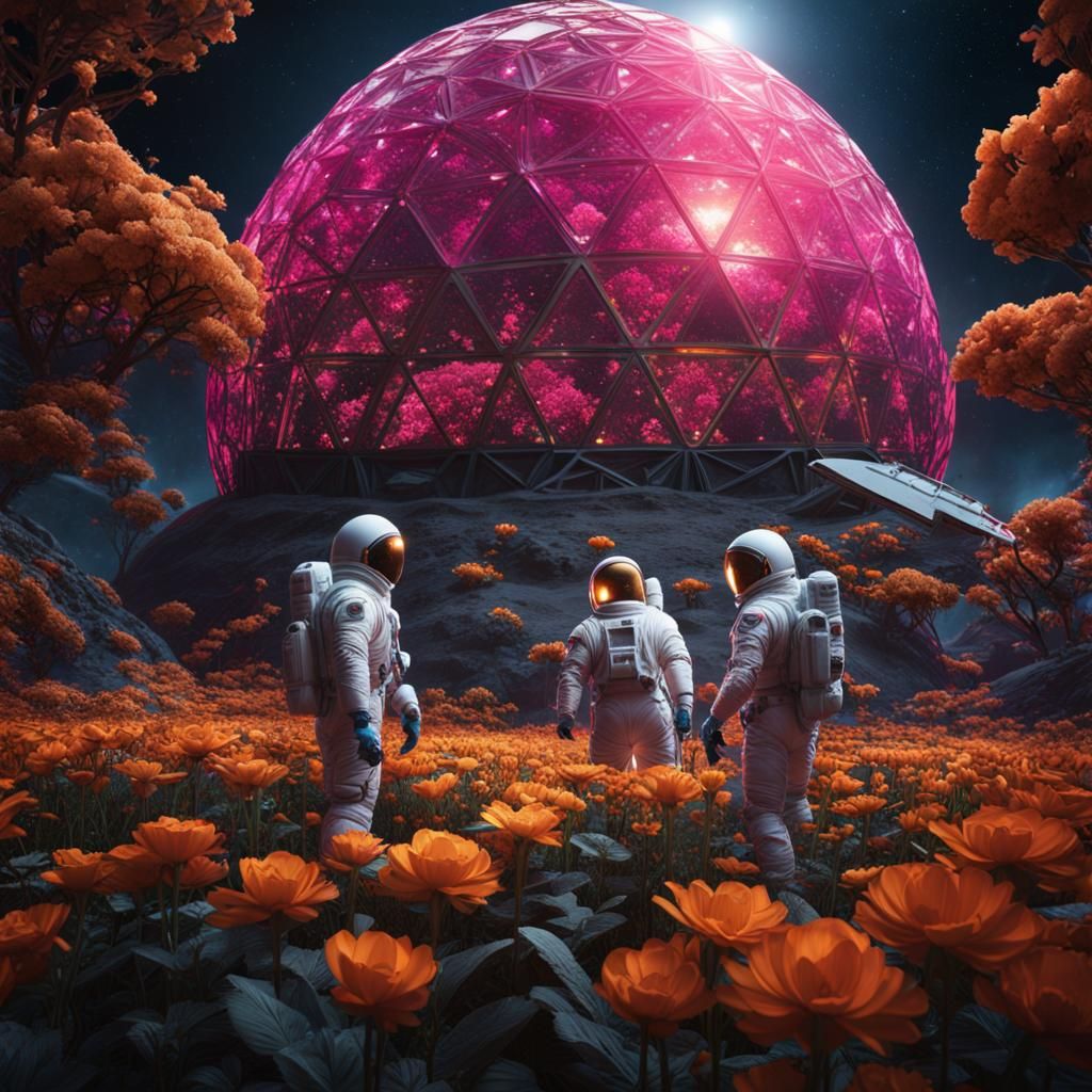 Astronauts Tend Lunar Flowers: Detailed Matte Painting
