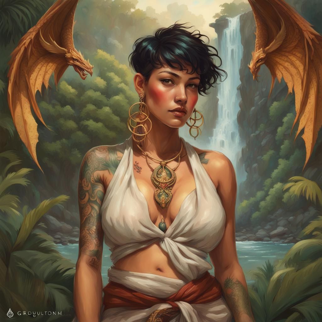 Hawaiian Woman with Phoenix Tattoo, Hyperdetailed Portrait