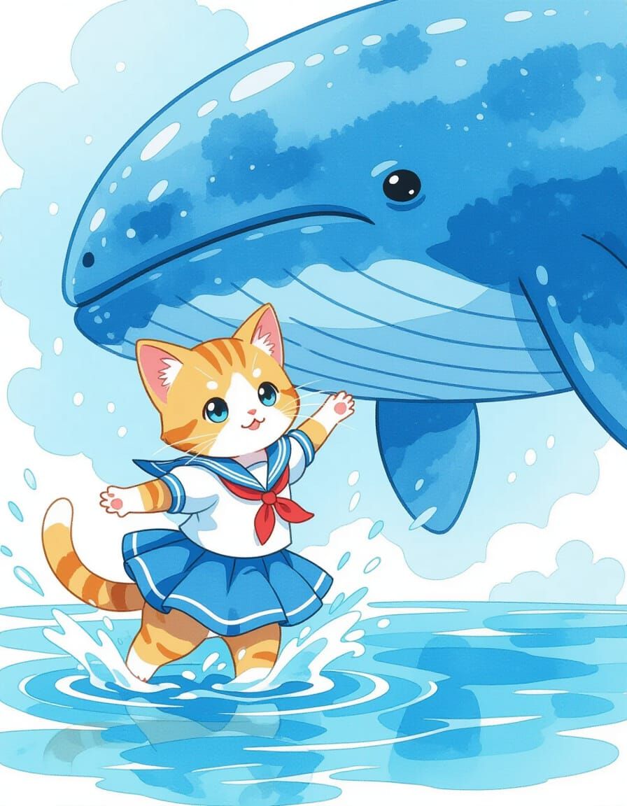 Kitten and Whale Play in Anime Watercolor