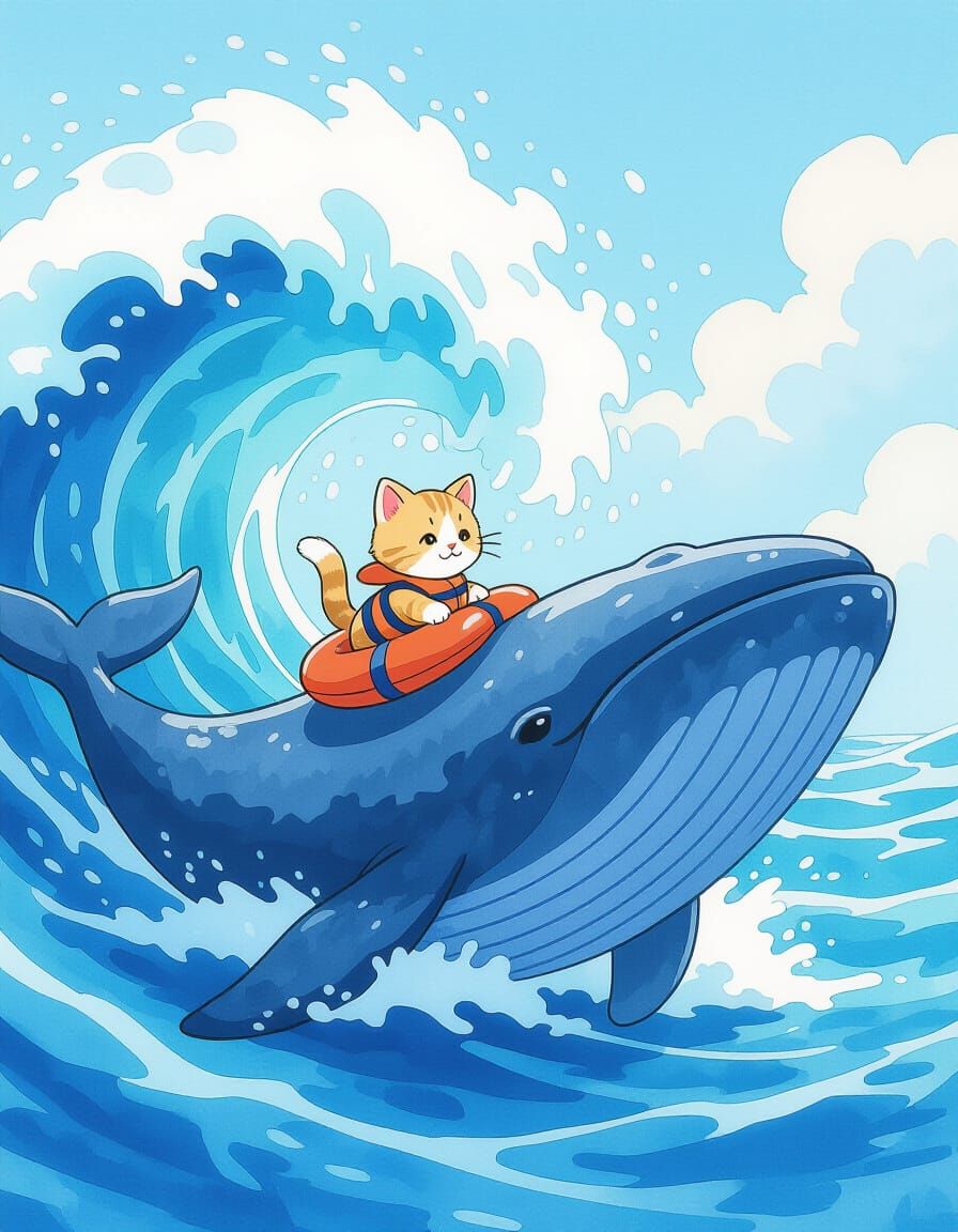 Kitten Sails Whale in Anime Watercolor Style