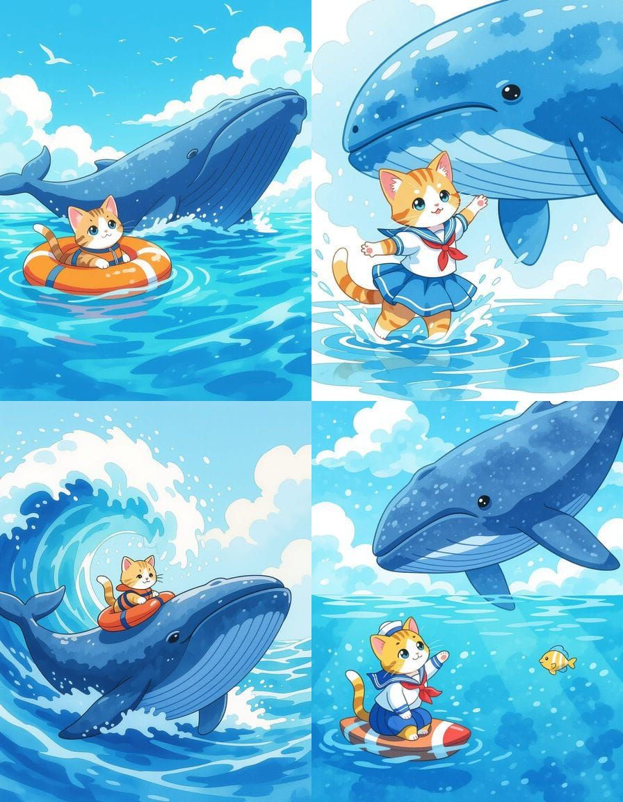 Anime Watercolor Kitten and Gigantic Whale