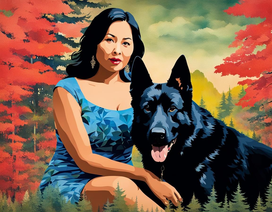 Stencil Art: Woman and Dog on Nature Collage