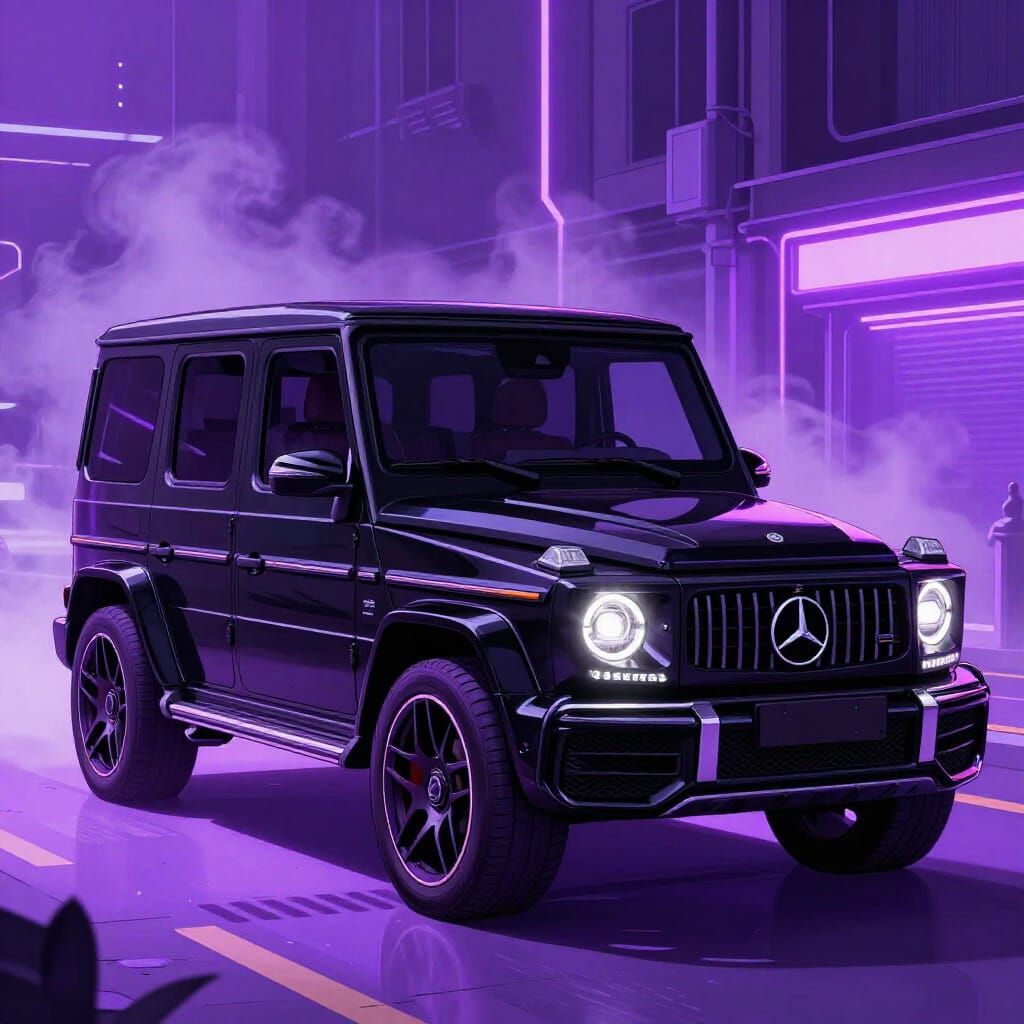 Sleek Black G63 on Neon Street in Cyberpunk Anime Style