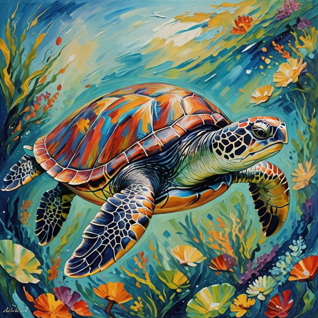 Sea Turtle in Expressionist Impasto Painting