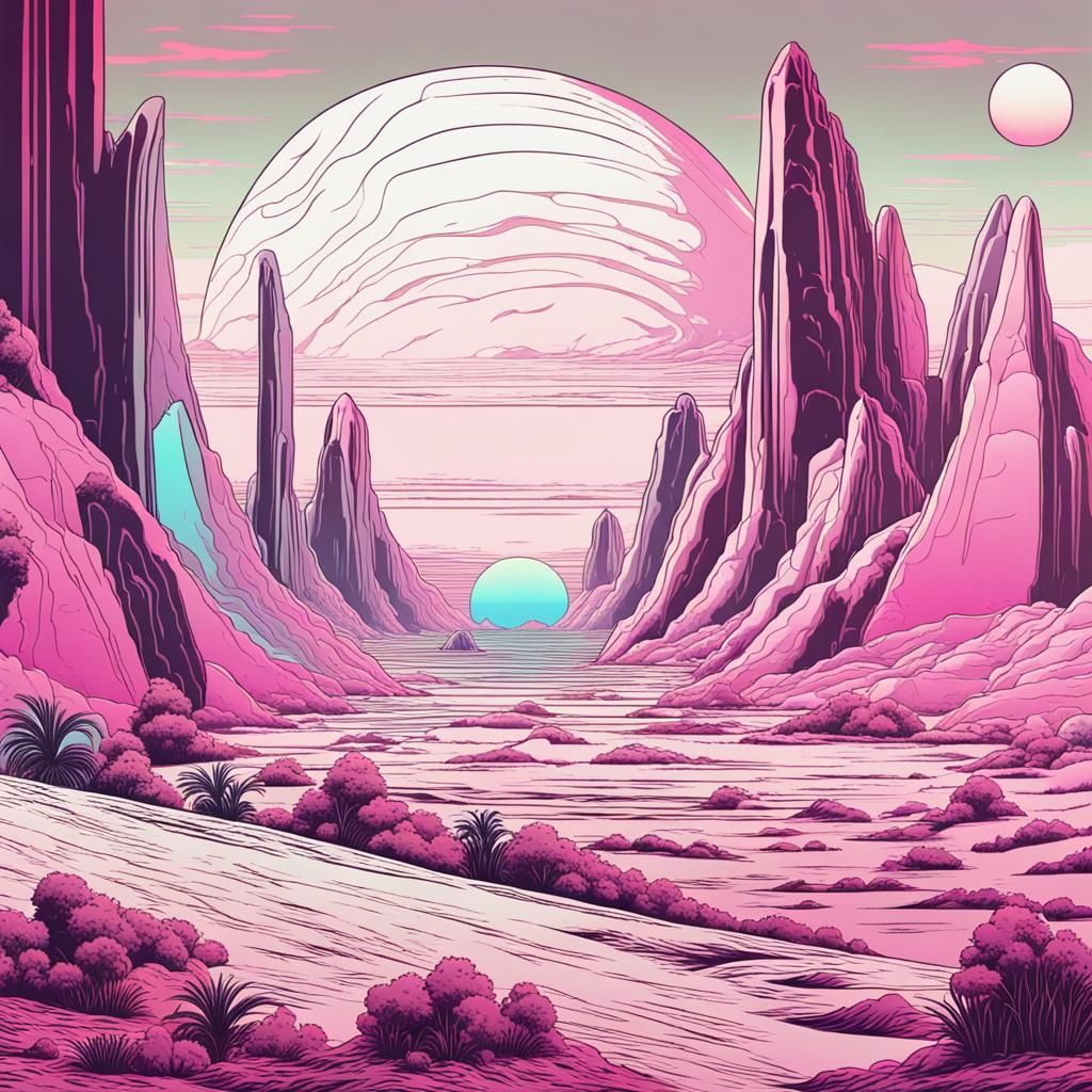Vaporwave Alien Landscape with Defined Shapes