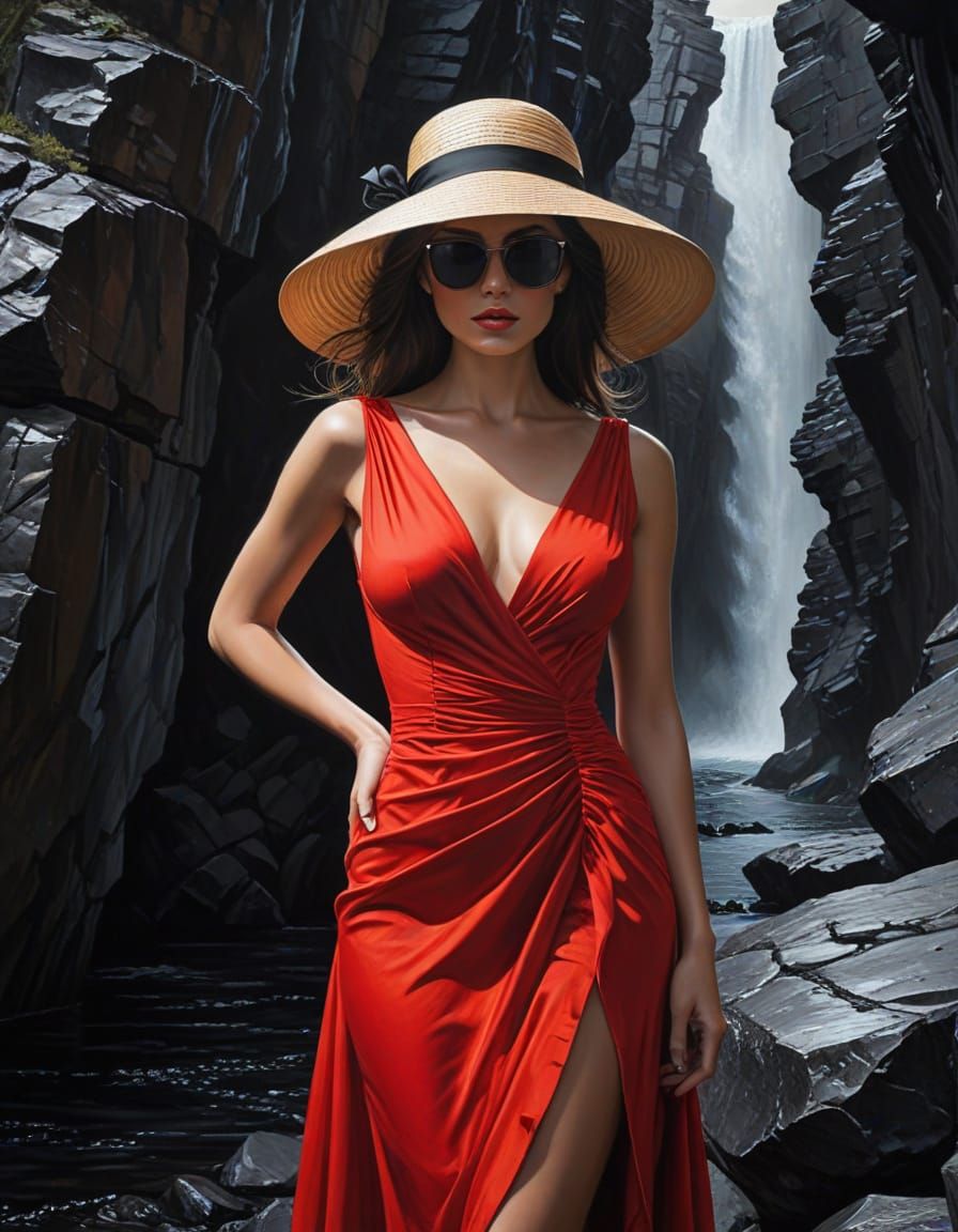 Elegant Woman on Cliff's Edge, Impasto Artwork in Abstract E...