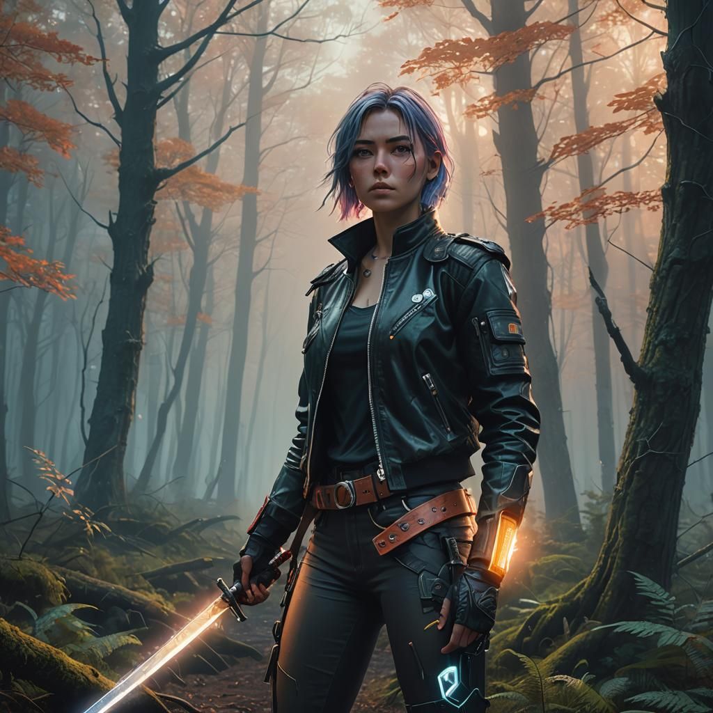 Anime Warrior in Ethereal Forest, Fantasy Art