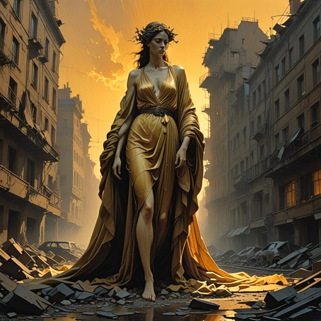 Destruction of a Female Figure Sculpture against a Sunset Ba...