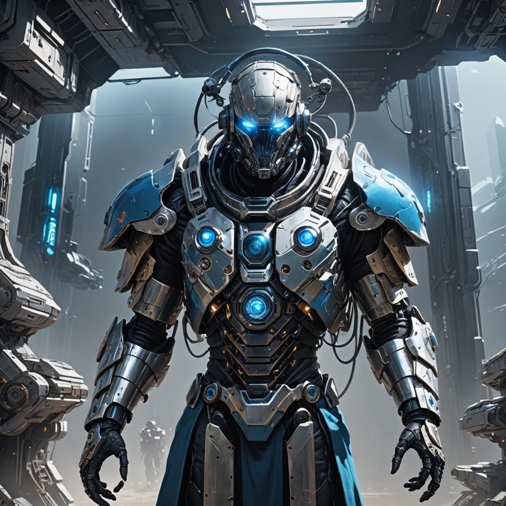 Futuristic Cyborg Necromancer in Sci-Fi Armor