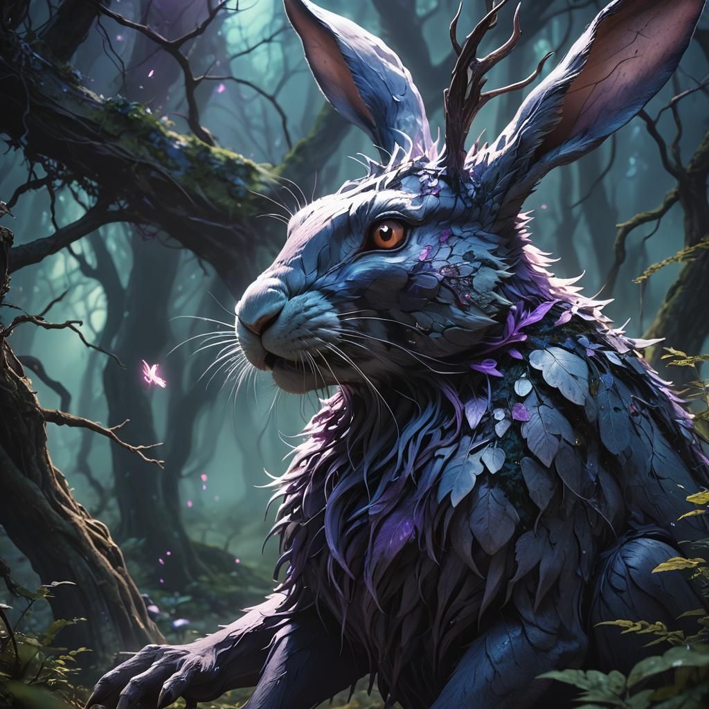 Rabbit Creature Devouring Person in Mystical Forest