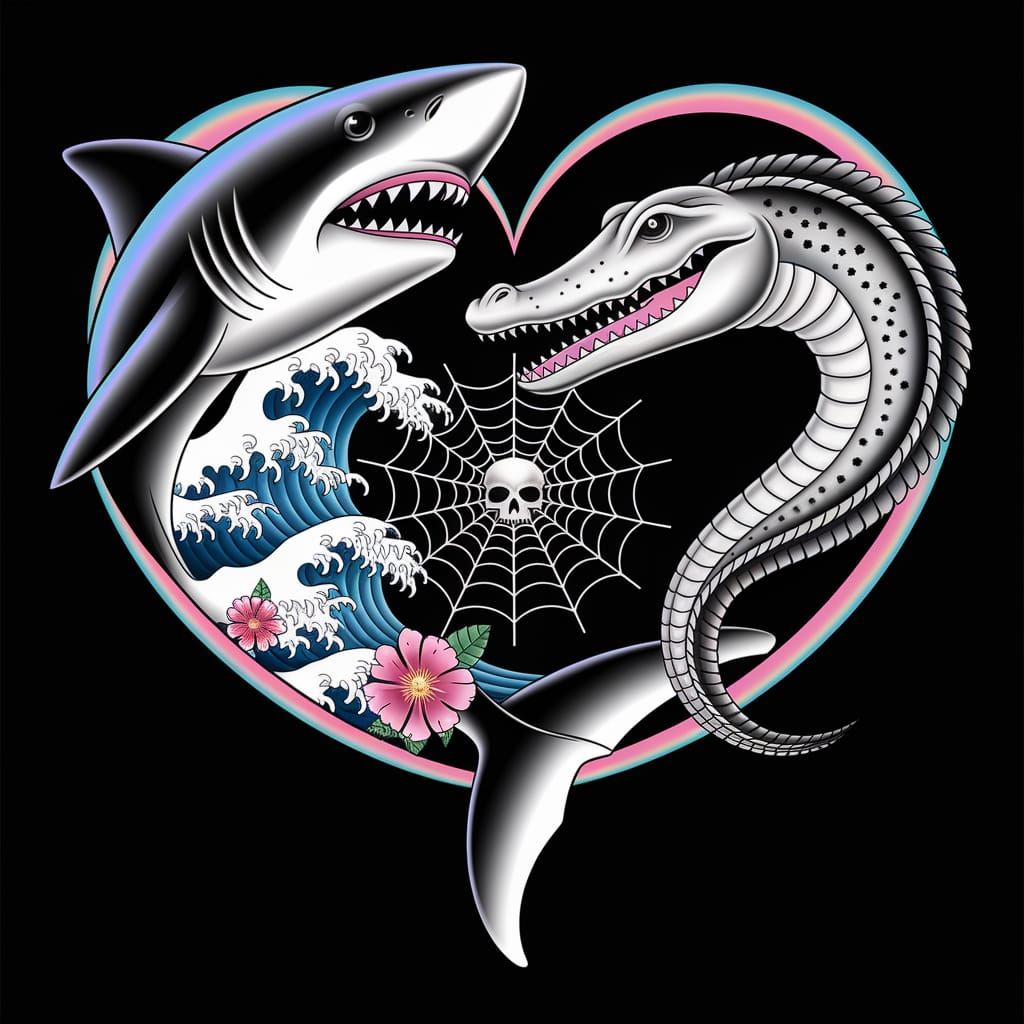 Cosmic Tattoo: Shark and Alligator Heart
