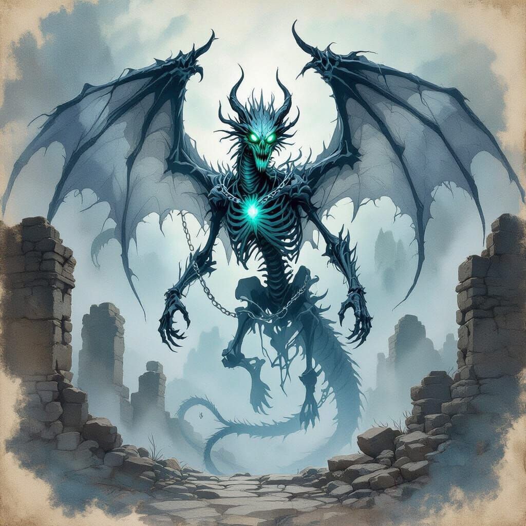 Ghostly Bone Dragon Soulflayer Rises from Misty Ruins