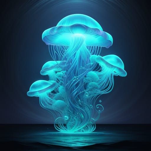 Dreamlike, Shimmering Water Creatures in Dark Ocean