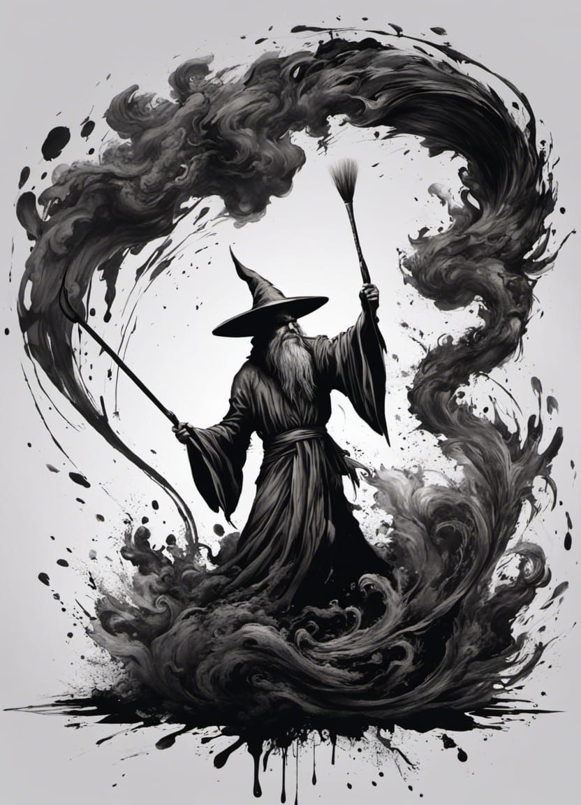 Wizard with Giant Paintbrush Unleashing Ink Streams