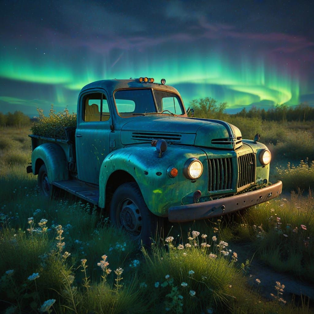 Derelict Truck in Bioluminescent Field Under Aurora