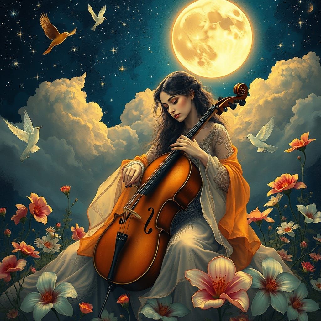 Dreamlike Woman Plays Cello Under Starry Night Sky with Vibr...