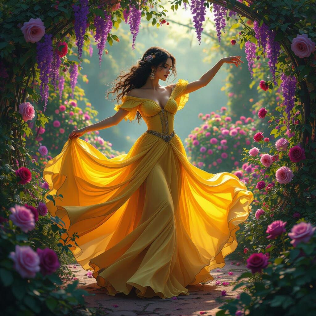 Spanish Dancer in Rose Garden, Dark Fantasy Art