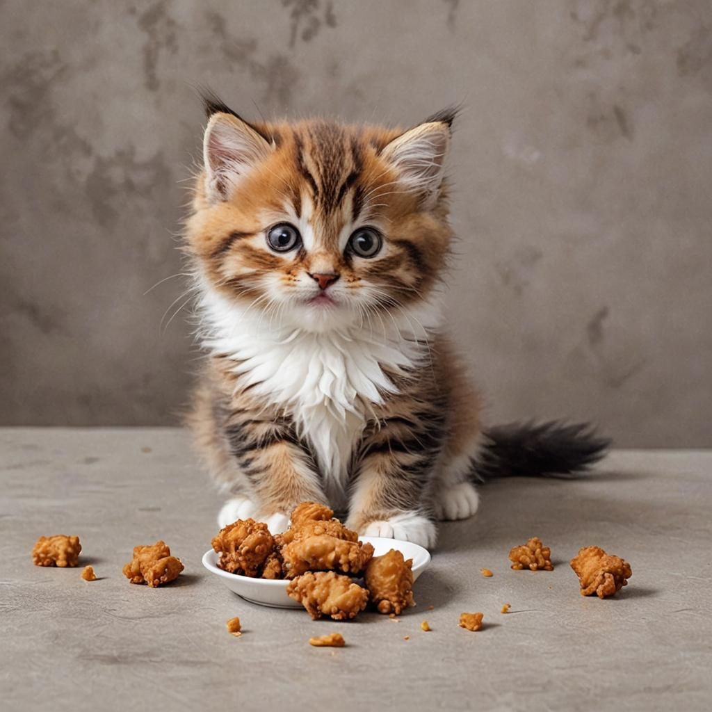 Adorable Kitten Enjoys Fried Chicken