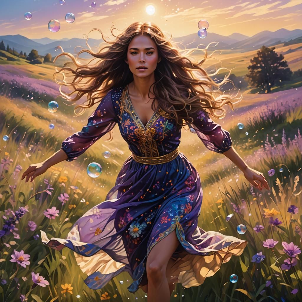 Woman in Flowing Dress Runs Through Sunny Meadow