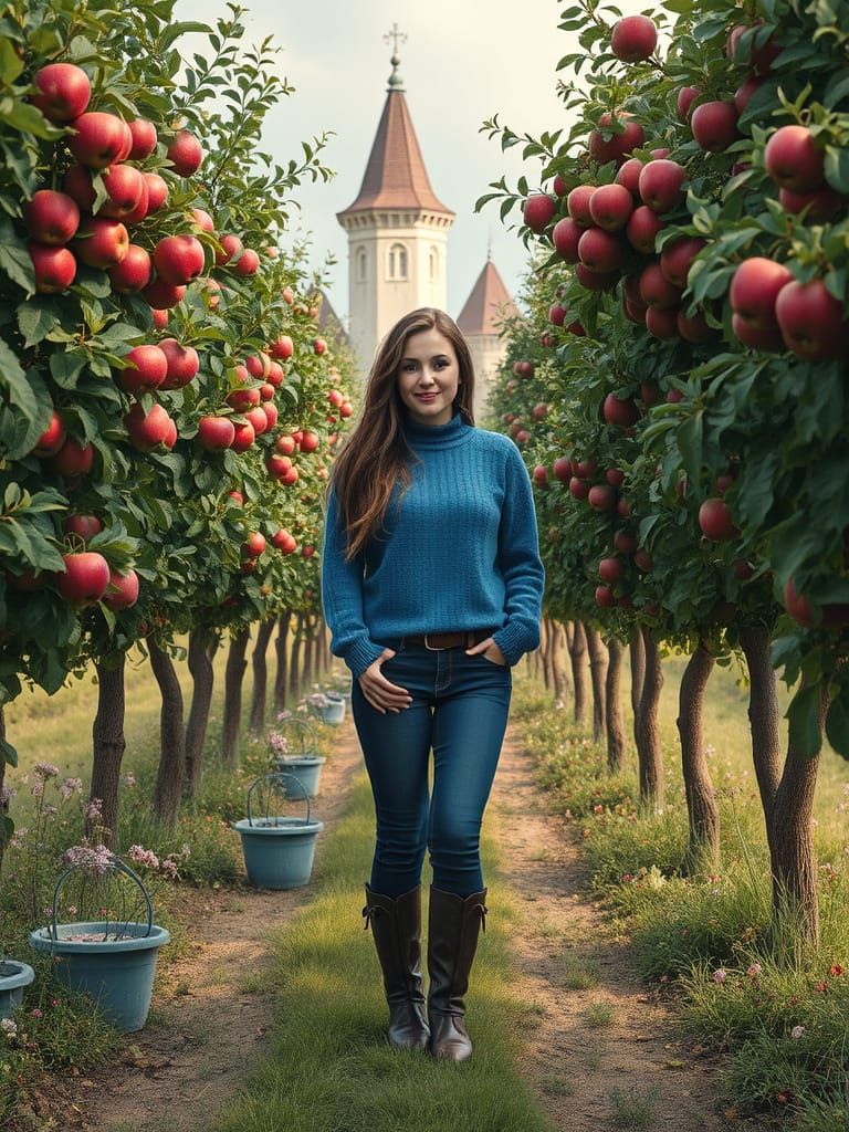 Woman in Apple Orchard, Cinematic Oil Painting