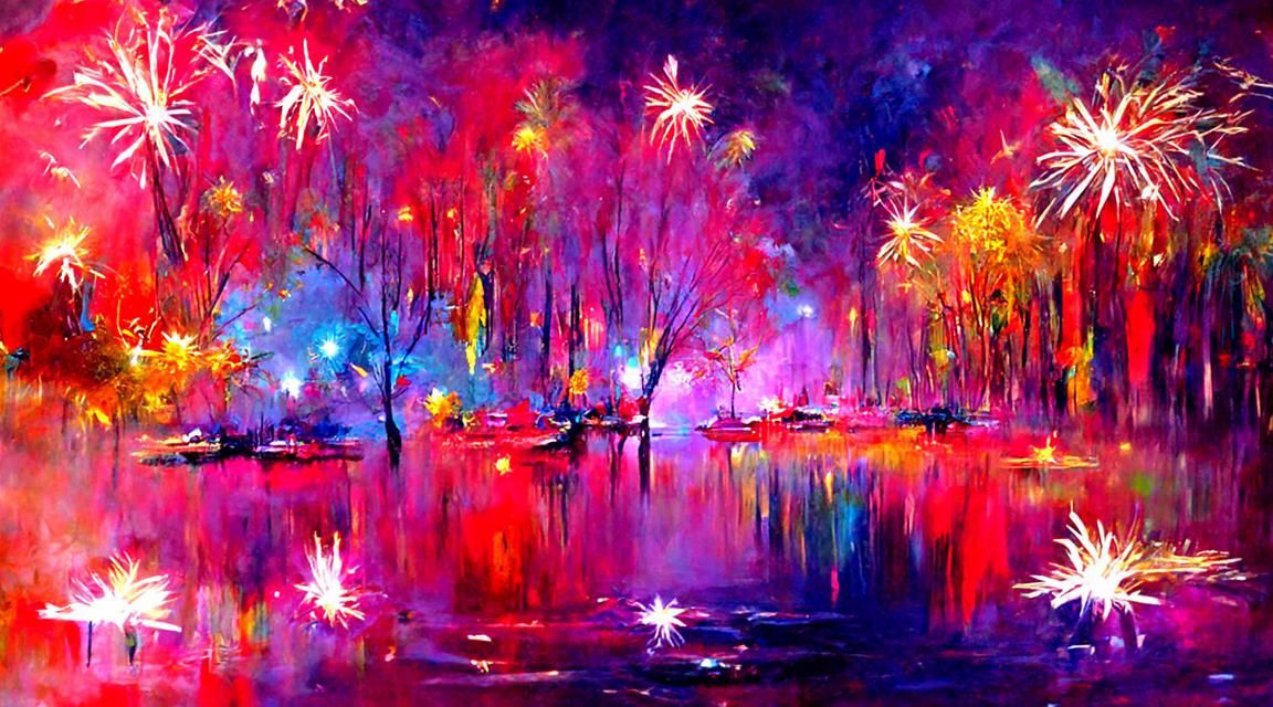 Vibrant Fireworks Over Forest Lake in Expressionist Style