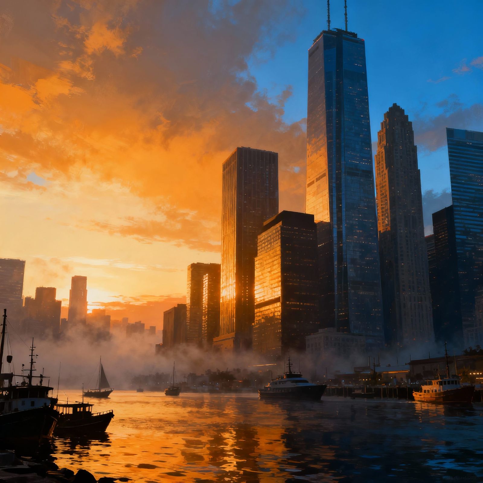 City Waterfront Sunrise from Low Angle in Digital Matte Pain...